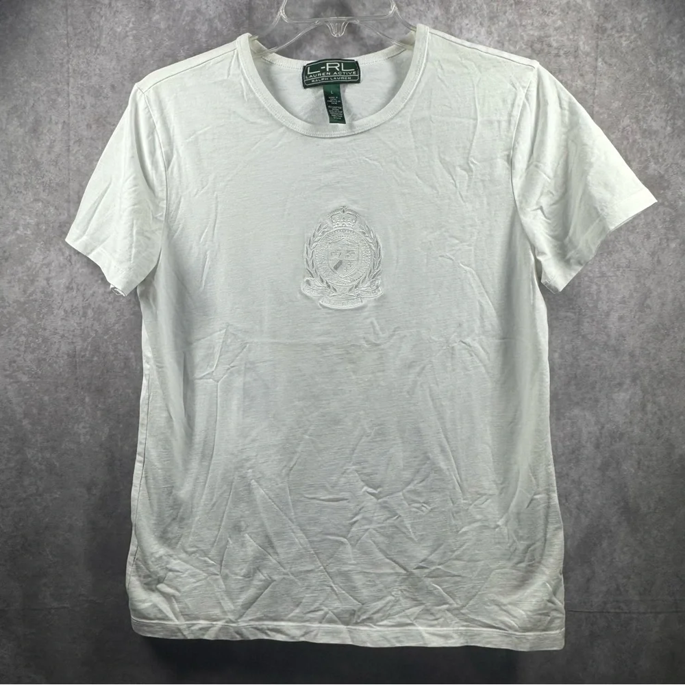 Lauren Active Ralph Lauren Women’s White Short Sleeve Tee with Embossed Design - Picture 1 of 12